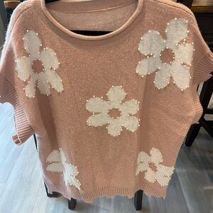 Pink Floral Knit Sweater with Pearl Accents